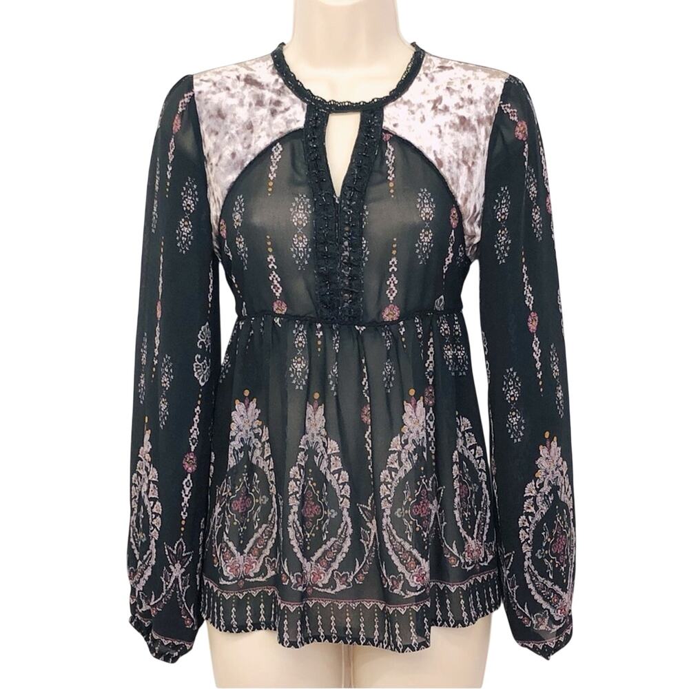 Knox Rose Black Pink Velvet Bohemian inspired Long Sleeve Top